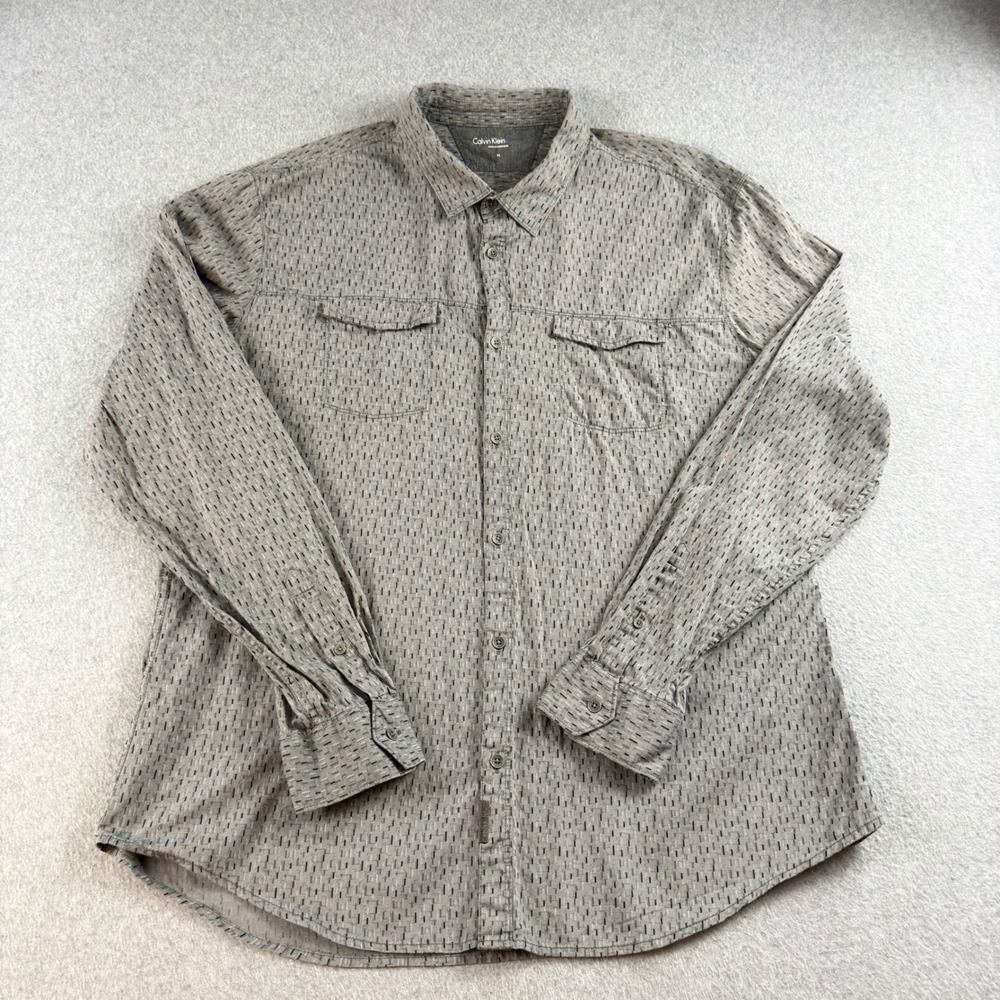 Calvin Klein Jeans Mens XL Grey Herringbone Dash Print Button Down Shirt Cotton